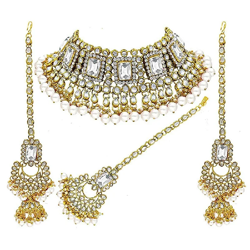 Silk cord necklaces-Etnico 18K Gold Plated Traditional Handcrafted Faux Kundan & Pearl Studded Bridal Necklace Set with Earrings & Maang Tikka (IJ401W)