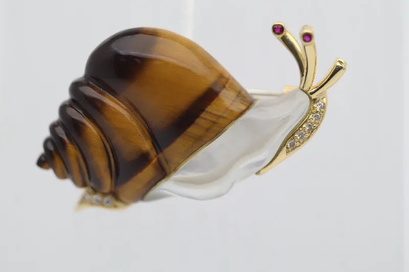 Antique style brooch-Diamond Tigers-Eye Mother-of-Pearl Gold Snail Brooch