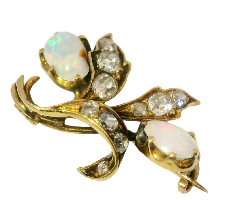 Retro deco brooch-Beautiful Antique 14K Yellow Gold Opal Rose Cut Diamond Pendant Brooch Pin