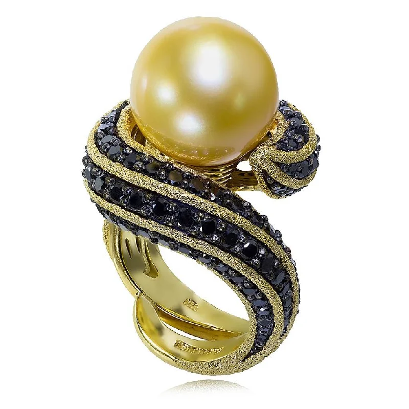 Matte band rings-Gold Twist Ring With Golden Pearl & Diamonds