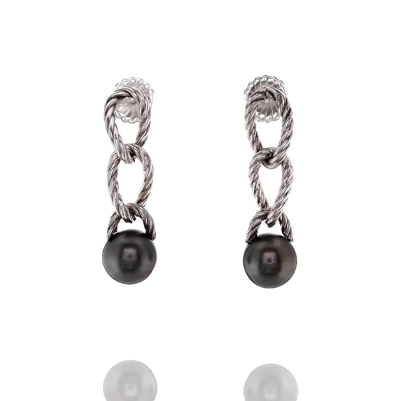 Flat knot earrings-Estate David Yurman Sterling Silver Tahitian Pearl Cable Drop Earrings