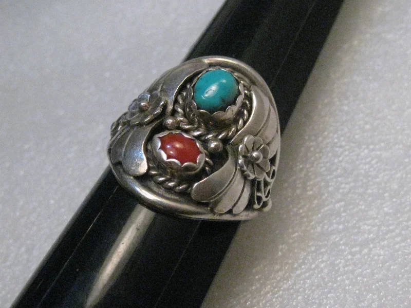 Faith charm rings-Southwestern Sterling Turquoise Coral Men's Ring, Vintage, Size 13, 11.28 gr., 1970's