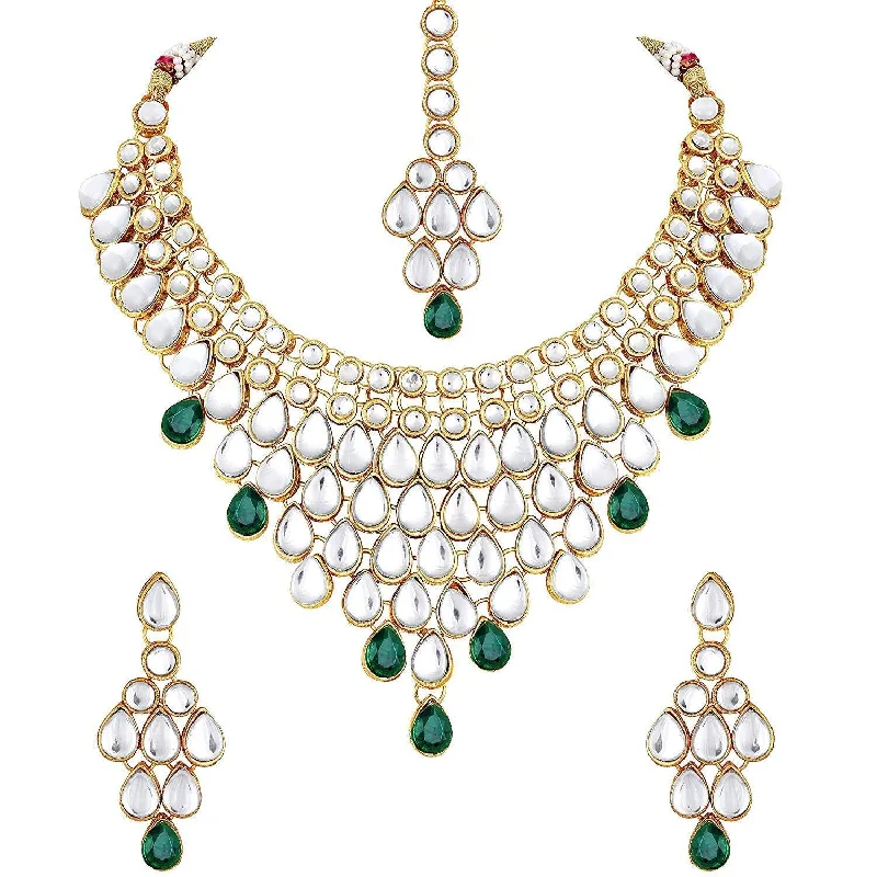 Lapis gem necklaces-Etnico Traditional Gold Plated Kundan Bridal Choker Necklace Set Earrings & Maang Tikka For Women (IJ332G)