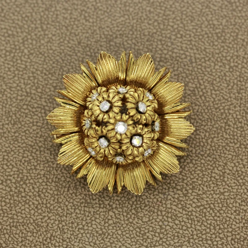 Wide geometric brooch-French Diamond Gold Sunflower Brooch