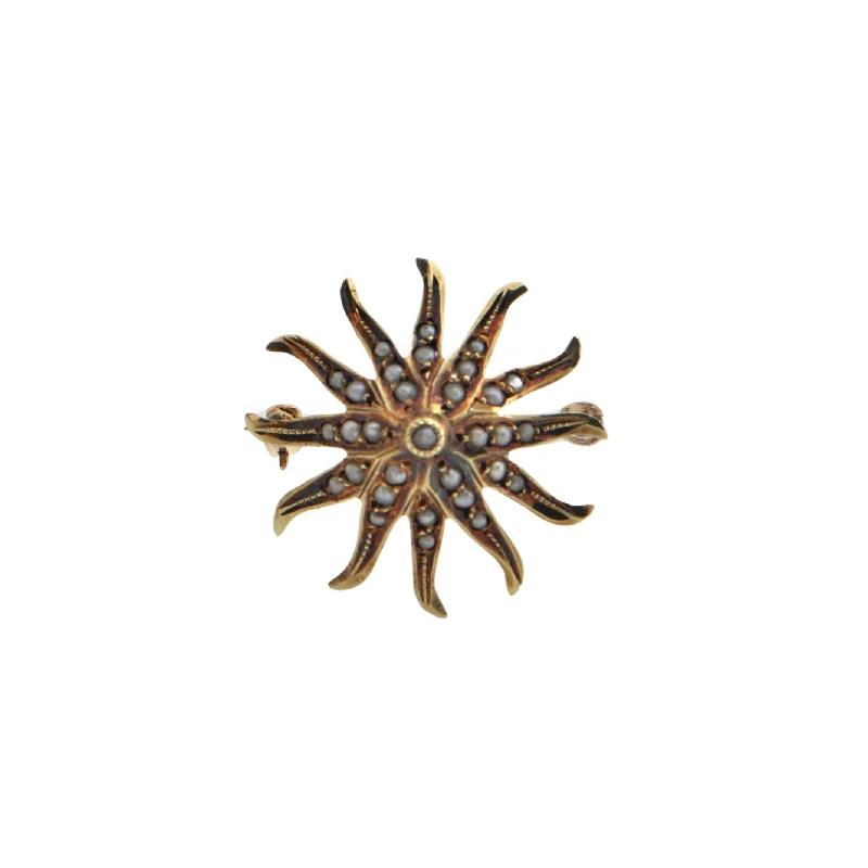 Tide shape brooch-Antique Victorian Seed Pearl 14k Gold Small Starburst Brooch