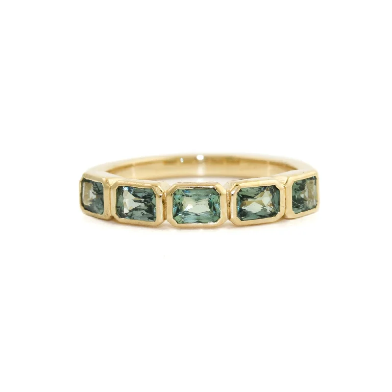 Light accent rings-14K Gold Emerald-Cut Teal Sapphire Bezel-Set Band