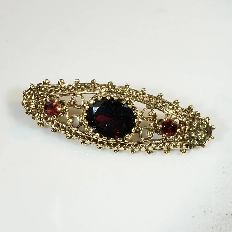 Shiny enamel brooch-Ornate Victorian Revival Garnet & Gold Brooch