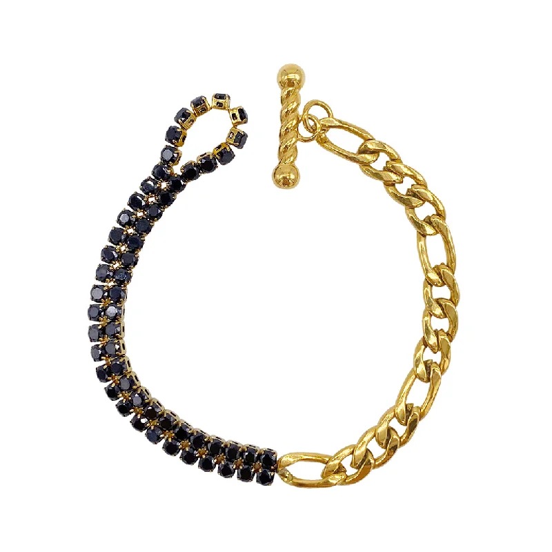 Polished bead bangles-Tarnish Resistant 14k Gold Plated Half and Half Figaro and Black Crystal Toggle Bracelet