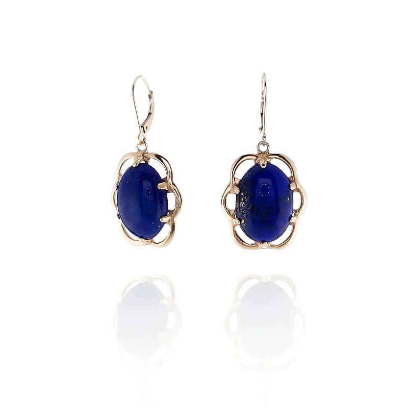 Bead braid earrings-Estate 14k Yellow Gold Scallop Design Oval Lapis Lazuli Dangle Earrings