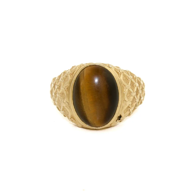 Wide gold rings-10 KT Gold x Tiger's Eye Grid Signet