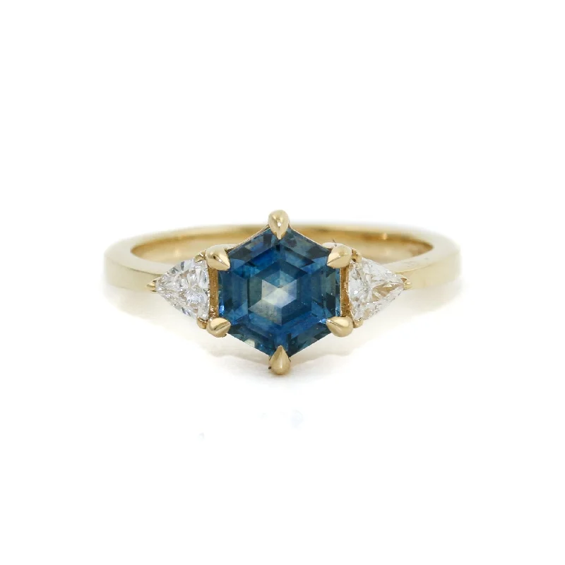 Light wood rings-14k Gold  Hexagonal Montana Sapphire Isla Ring