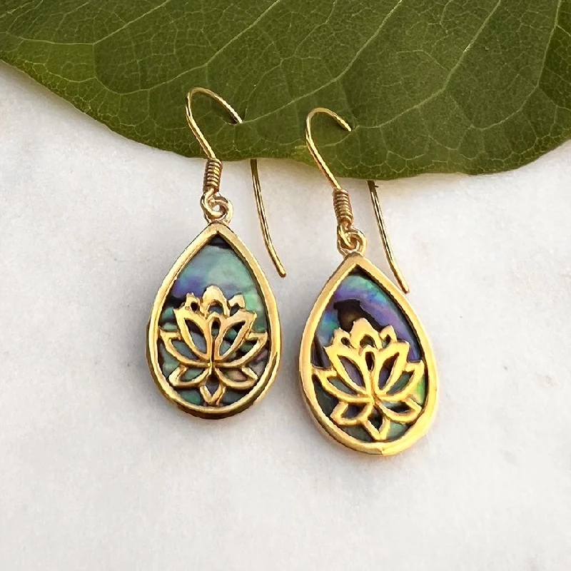 Thick bar earrings-Lotus Abalone Earrings - Brass, Indonesia