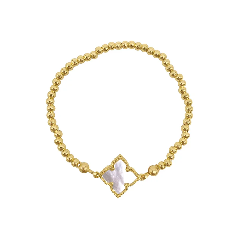 Shiny bead bangles-14k Gold Plated White Mother of Pearl Flower Stretch Ball Bracelet