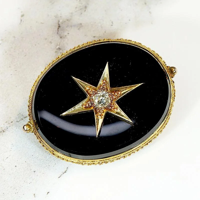 High shine brooch-Fine Mourning Locket Brooch in 18k Onyx & Diamond