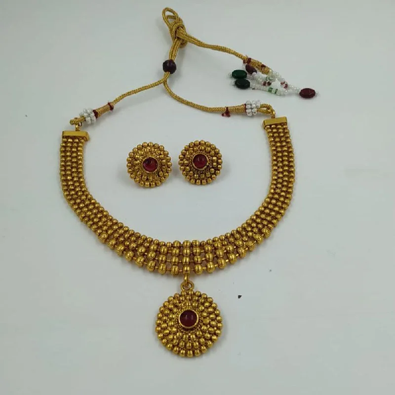 Half moon necklaces-India Art Gold Plated Pota Stone Necklace Set