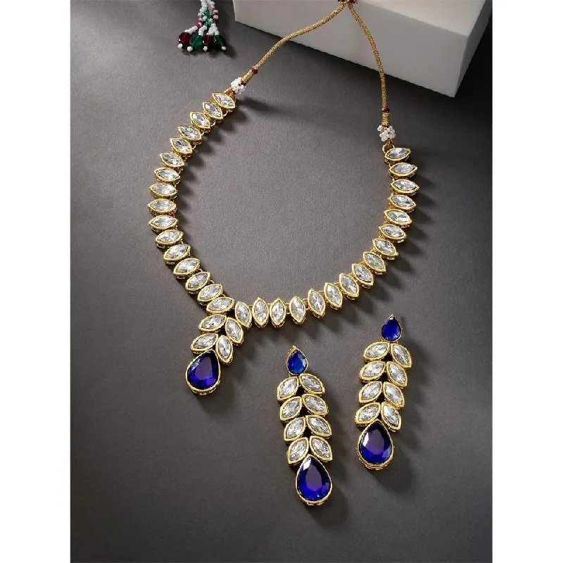 Galaxy charm necklaces-Etnico Gold Plated Traditional Blue Stone Studded Necklace Jewellery Set with Dangle Earrings For Women and Girls (IJ364Bl)