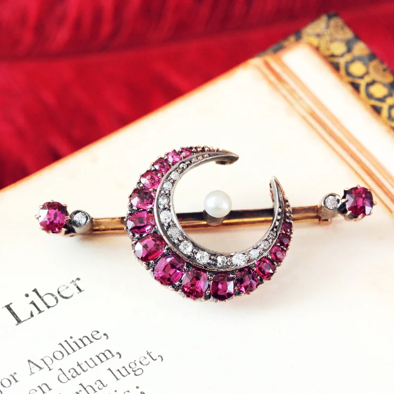 Etched design brooch-Victorian Ruby & Diamond Crescent Moon Brooch