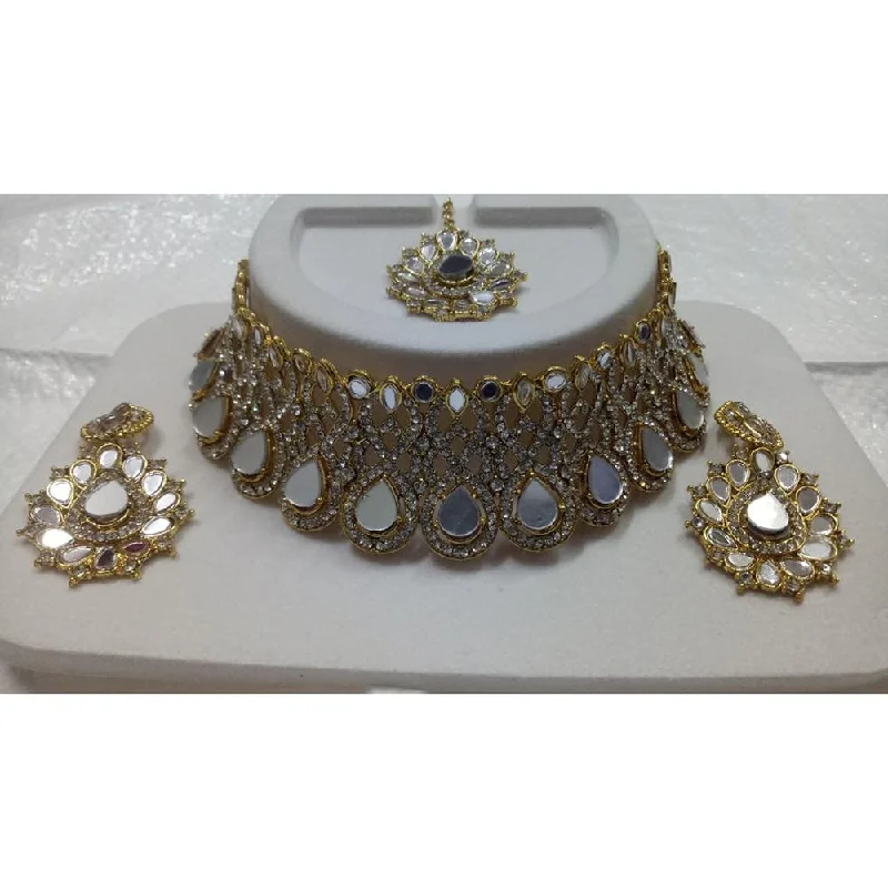 Cotton braid necklaces-Jinu Arts Gold Plated Austrian Stone Kundan Mirror Choker Necklace SetWith Maangtikka  - 2900325