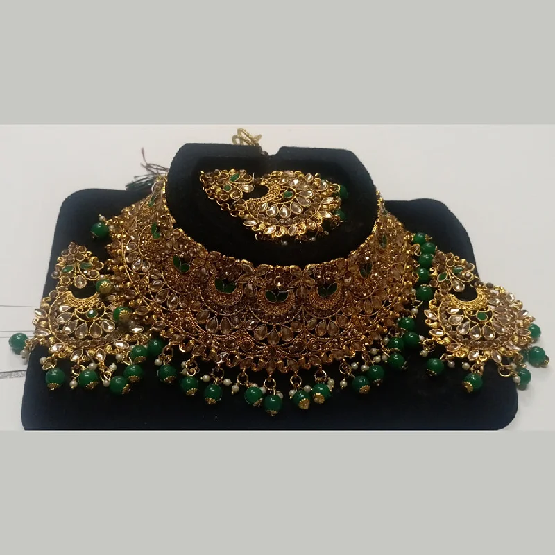 Polished bead necklaces-Kumavat Jewels Gold Plated Kundan Stone And Beads Traditional Choker Necklace Set with Maang Tikka