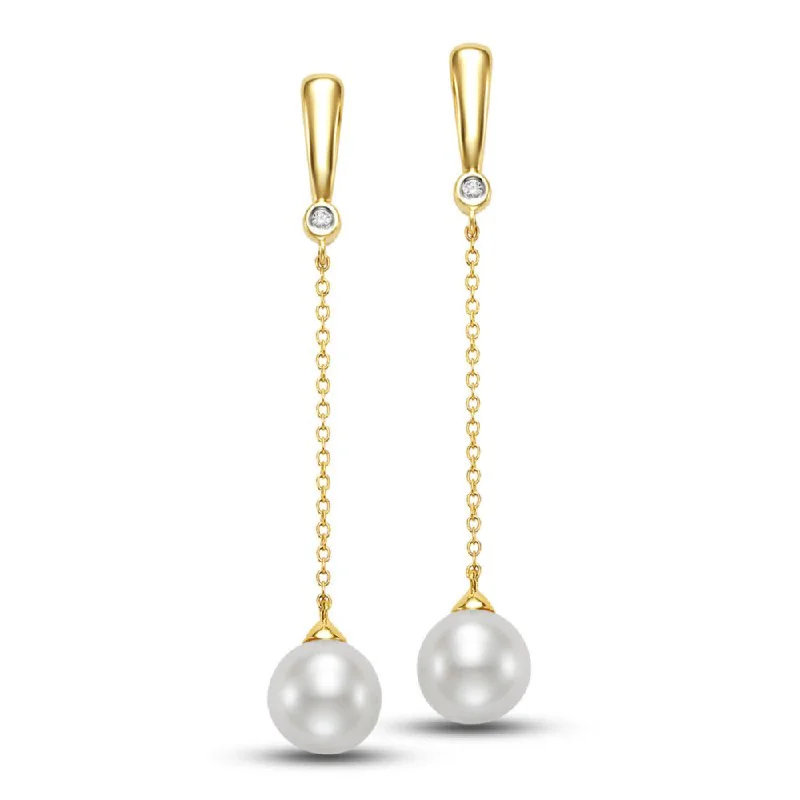 Polished gold earrings-14k Freshwater Pearl Diamond Bezel Drop Earrings