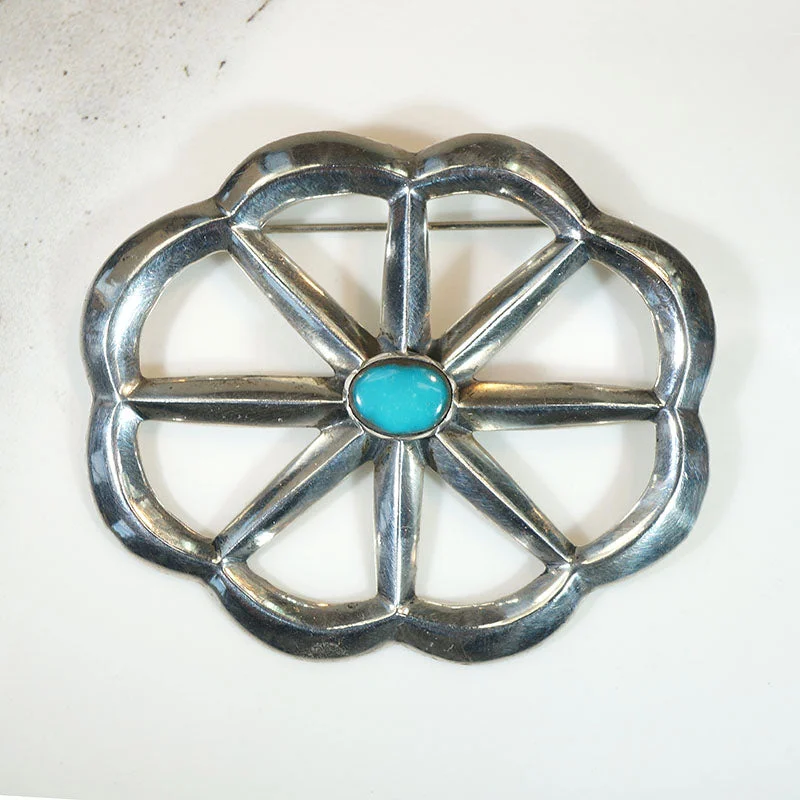 Wide bar brooch-Rayed Coin Silver & Turquoise Brooch