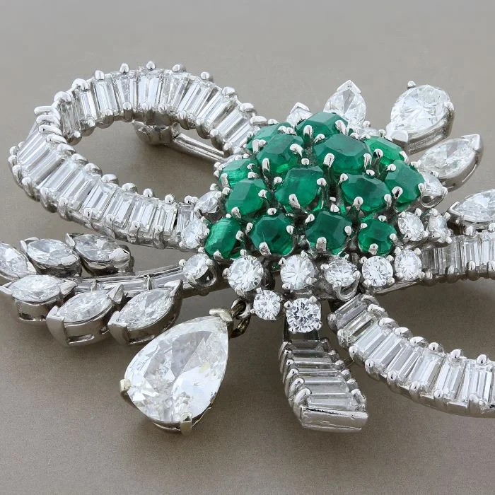 New moon brooch-Mid-Century Emerald Diamond Platinum Bow Brooch