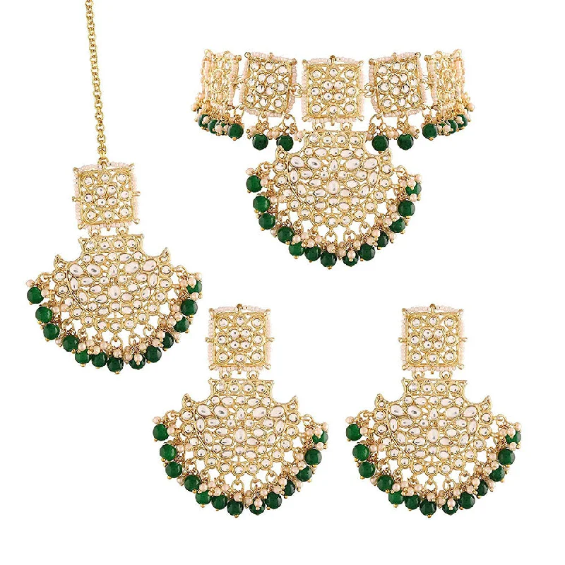 Daisy design necklaces-Etnico 18k Gold Plated Traditional Pearl Kundan Studded Choker Jewellery Necklace Set with Maang Tikka for Women (K7099G)