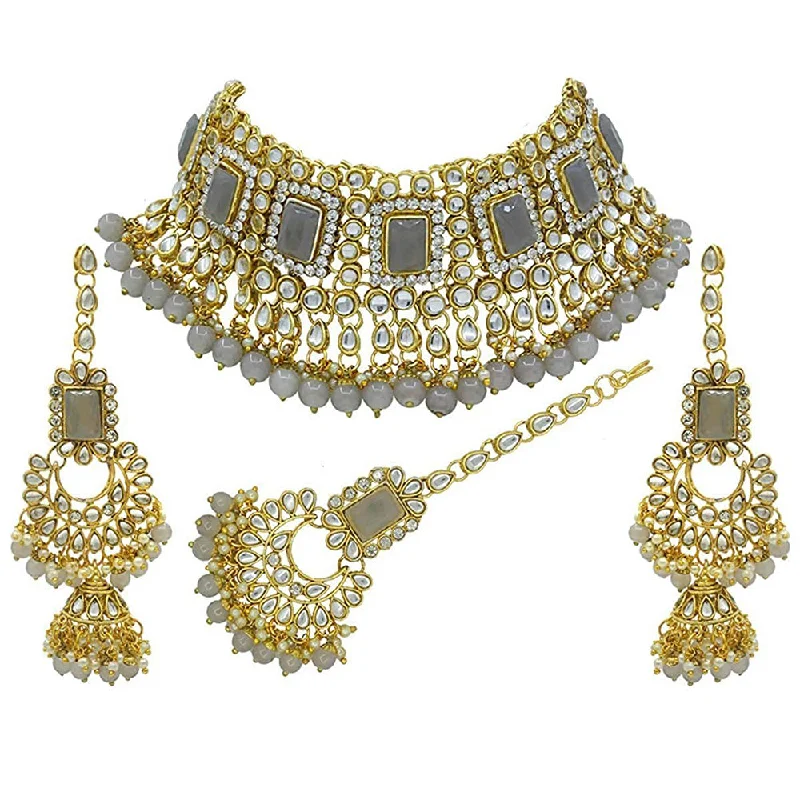 Solid stone necklaces-Etnico 18K Gold Plated Traditional Handcrafted Faux Kundan & Pearl Studded Bridal Choker Necklace Jewellery Set with Earrings & Maang Tikka (IJ401Gr)