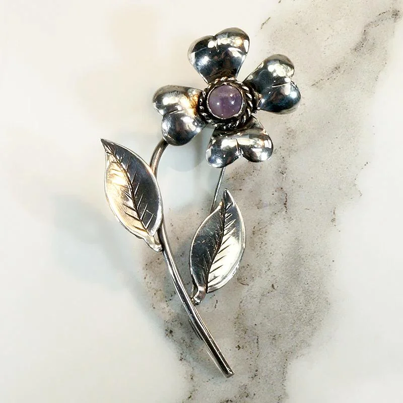 Woven charm brooch-Playful Silver Flower Brooch with Amethyst Pistil