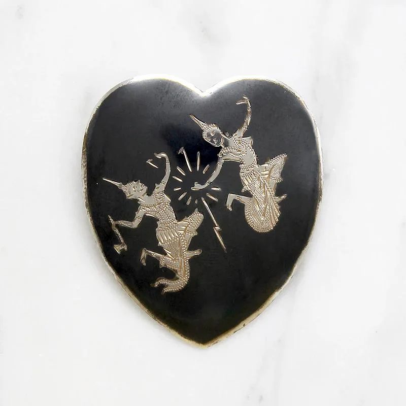 Tiny dot brooch-Siam Silver Heart Brooch with Two Dancing Girls