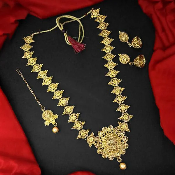 Linen cord necklaces-Kriaa Gold Plated Brown Austrian Stone And Kundan Haram Necklace Set With Maang Tikka  - 1109874