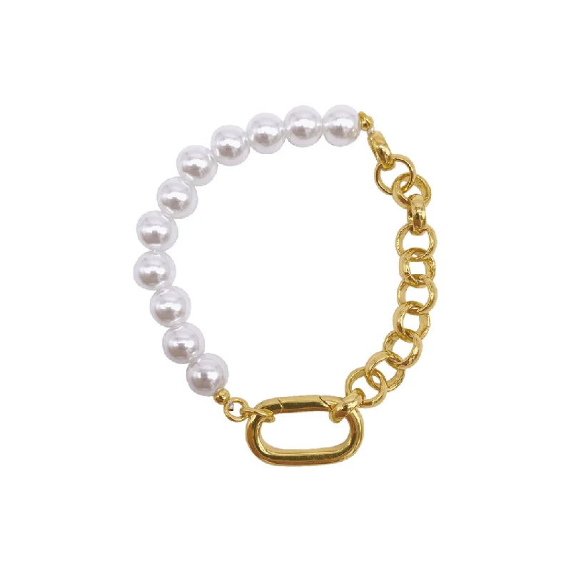 Oval charm bangles-14k Gold Plated Pearl Chain Half and Half Bracelet