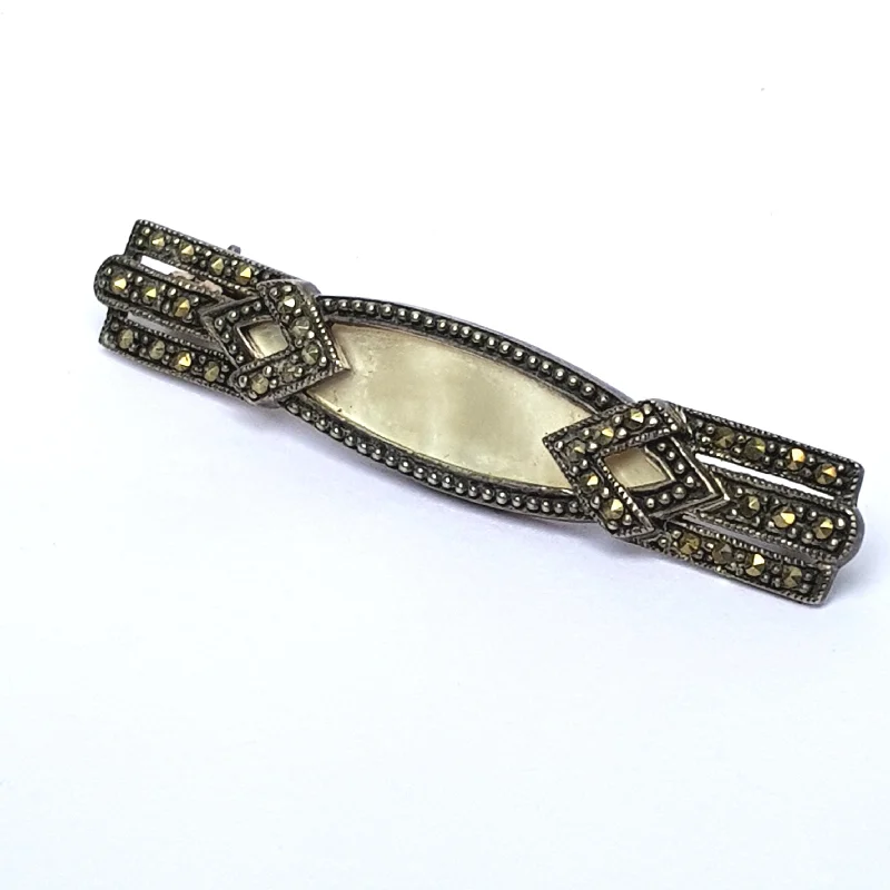 Retro style brooch-Solid Silver Mother Of Pearl And Marcasite Stylish Bar Brooch Art Deco Style Vintage Circa 1950's