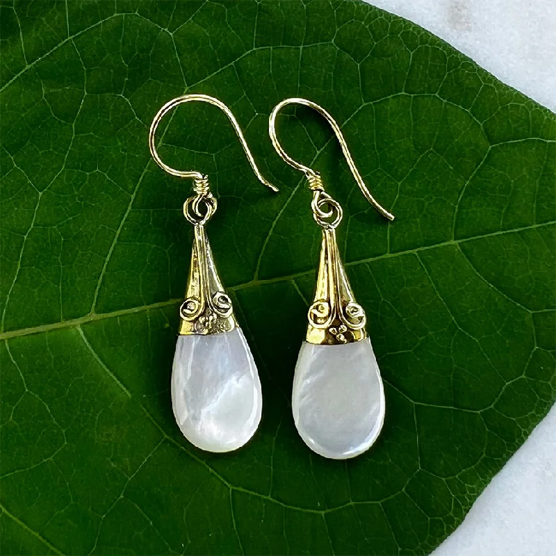 Oval studs earrings-Mother-of-Pearl Filigree Earrings - Brass, Indonesia