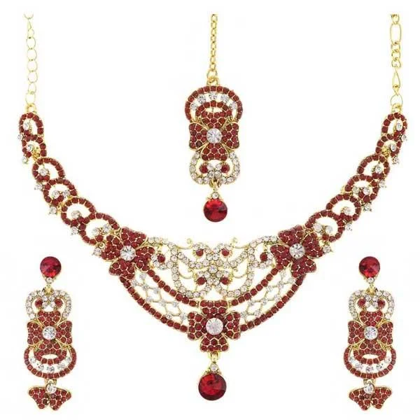 Ethnic weave necklaces-Kriaa Gold Plated Austrian Stone Necklace Set With Maang Tikka - 1105315