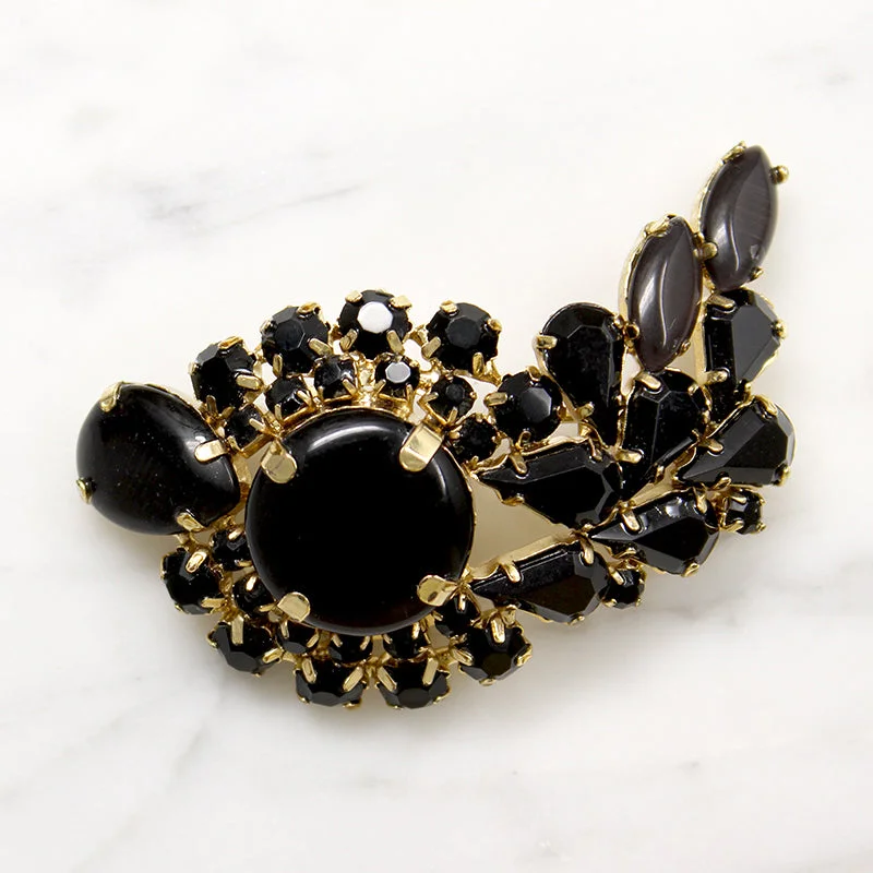 Vibrant enamel brooch-Bold Flourish Black & Gold Costume Brooch