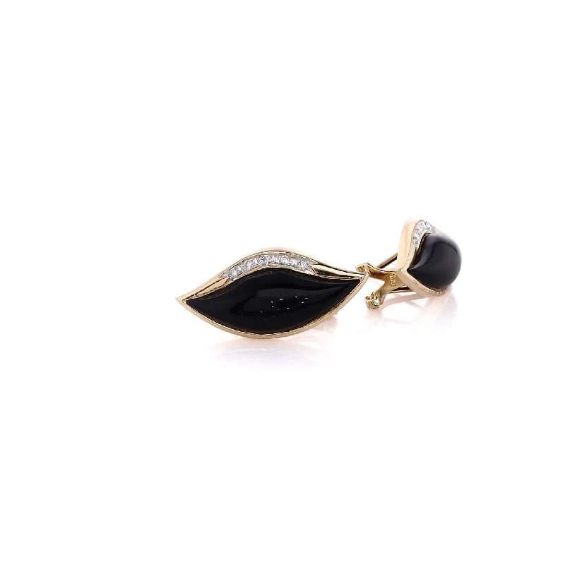 Dove feather earrings-Estate 14 Karat Yellow Gold Onyx and Diamond Earrings