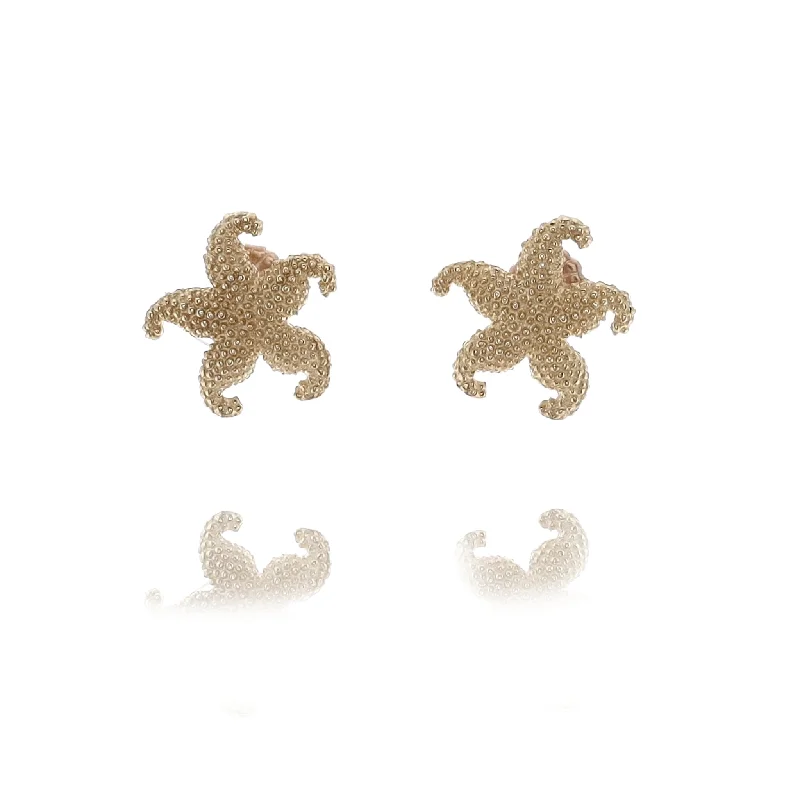 Light wood earrings-Estate 14 Karat Yellow Gold Textured Star Fish Earrings