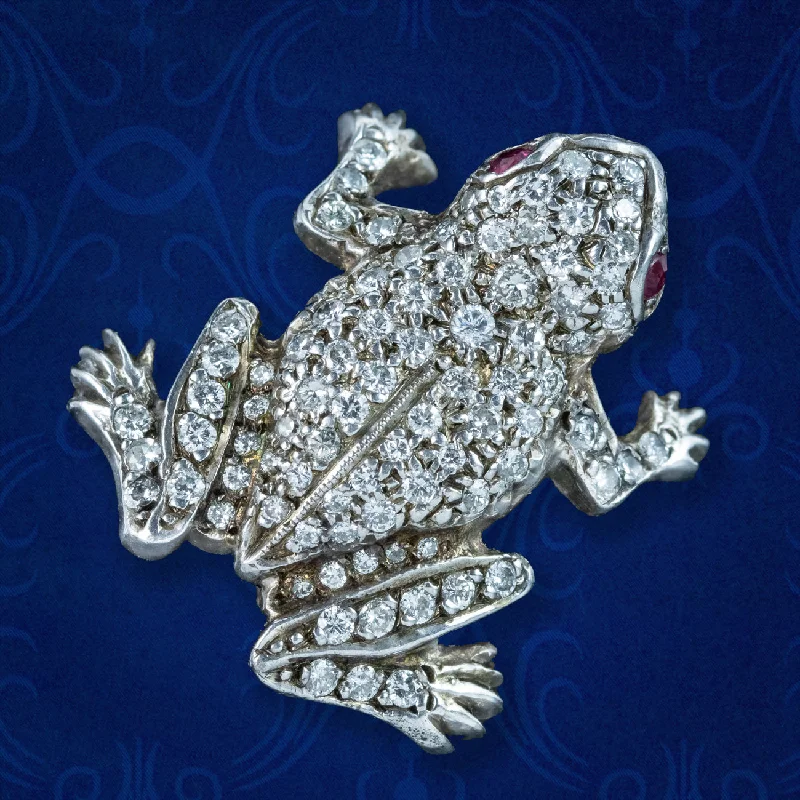 Custom name brooch-Vintage Diamond Frog Brooch Ruby Eyes 1.5ct Diamond