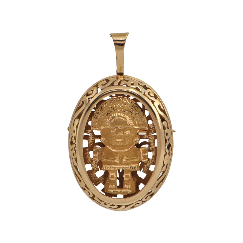 Ruby gem brooch-Vintage 18k Gold Aztec God Pendant/Brooch