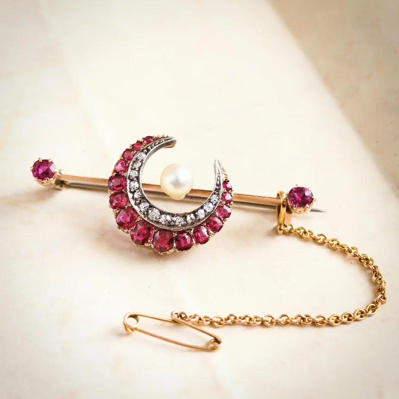 Ripple style brooch-Late Victorian Ruby & Diamond Crescent Honeymoon Brooch