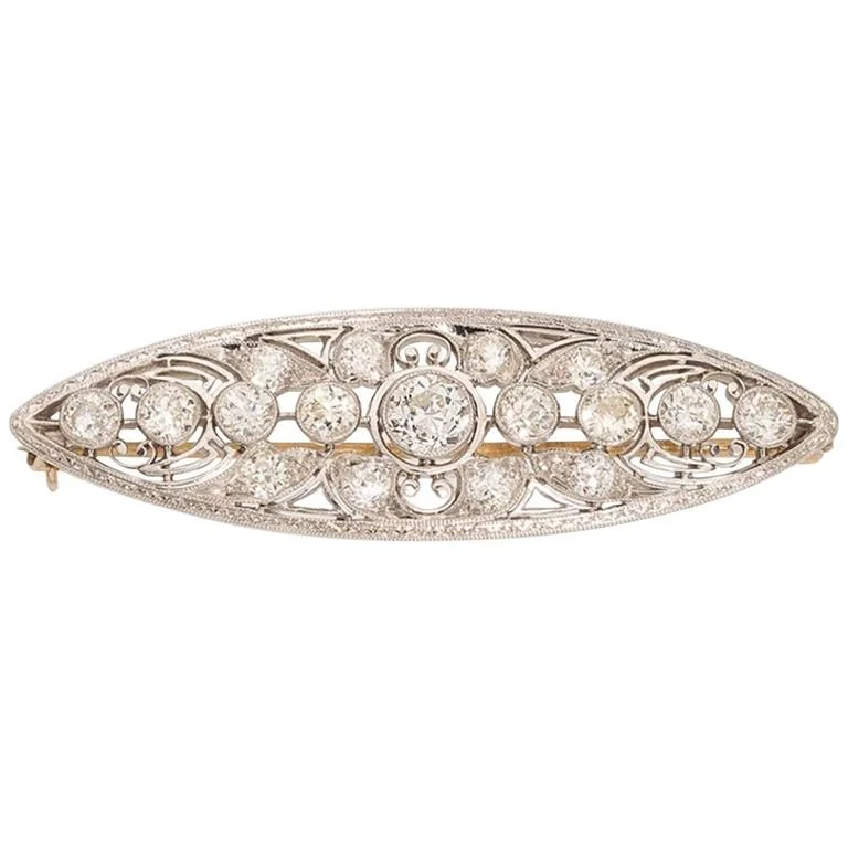 High shine brooch-Edwardian Diamond Platinum Navette Brooch