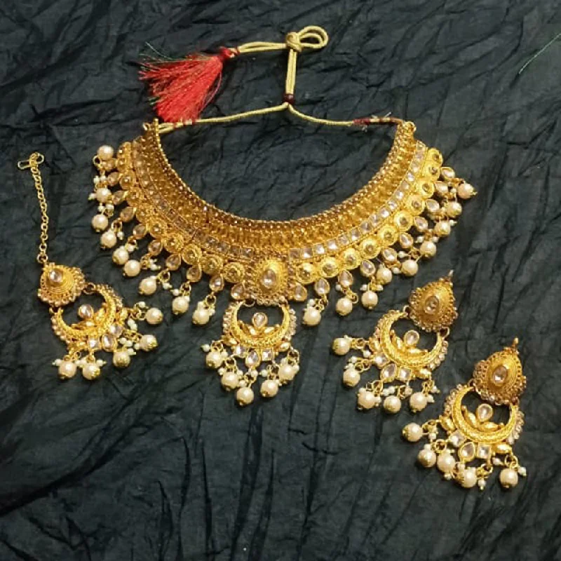 Bold druzy necklaces-Kumavat Jewels Gold Plated Kundan And Beads Traditional Choker Necklace Set with Maang Tikka