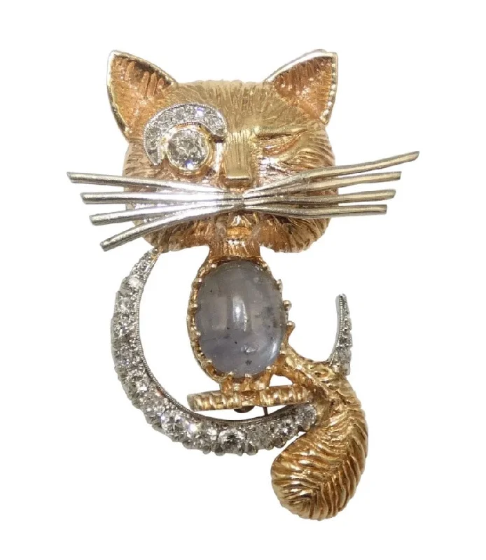 Tiny gem brooch-14K Yellow & Gold Winking Cat Brooch with Diamonds and Sapphire