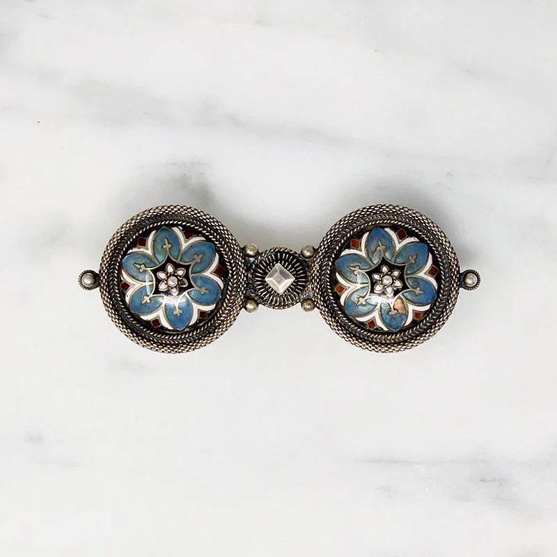 Worn texture brooch-Charming Edwardian Floral Enameled Silver Brooch