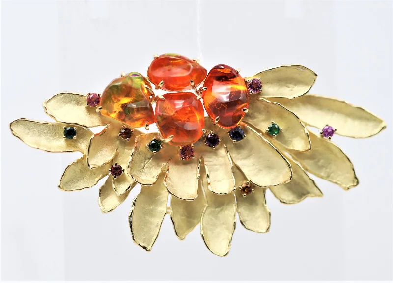 Fine pearl brooch-Fire Opal Multi-Color Sapphire Gold Sunrise Brooch