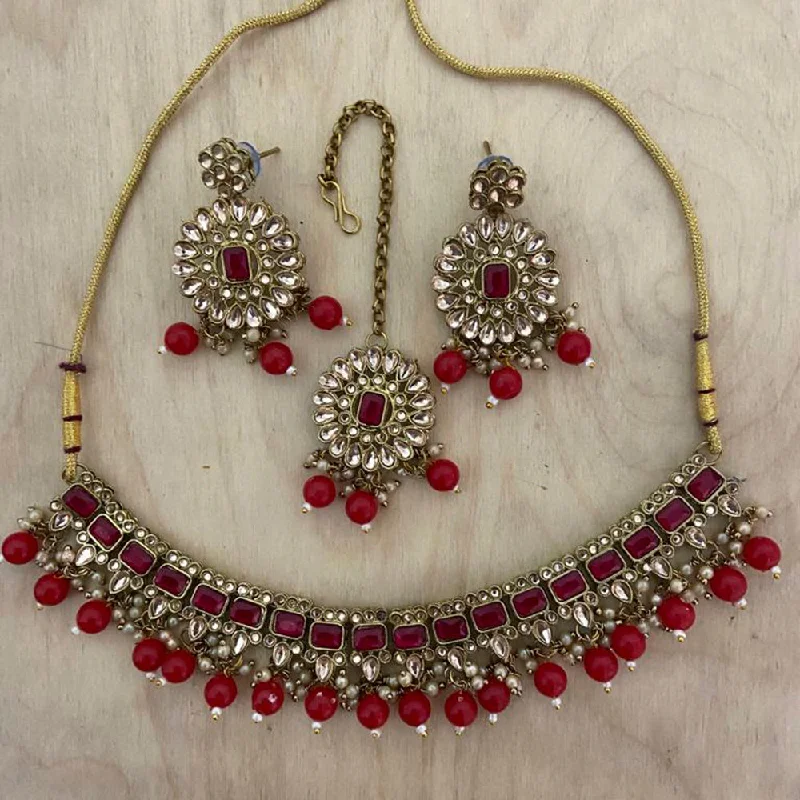 Multi-layer necklaces-Sai Fashion Gold Plated Kundan Stone & Beads Necklace Set