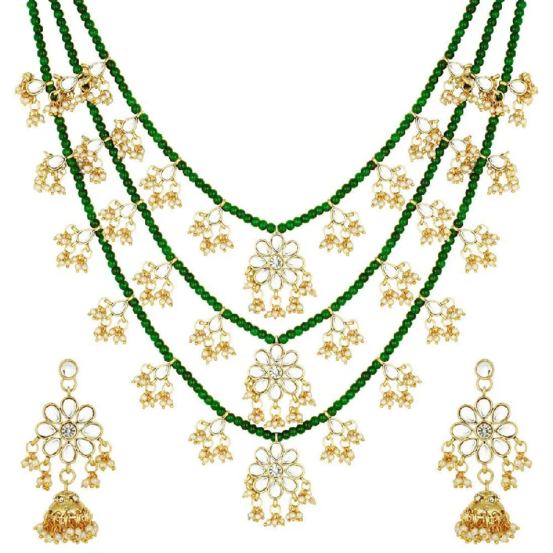 Woven cord necklaces-Etnico 3 Layered Multi Strand Floral Kundan & Pearl Beaded Necklace For Women/ Girls (M4094G)