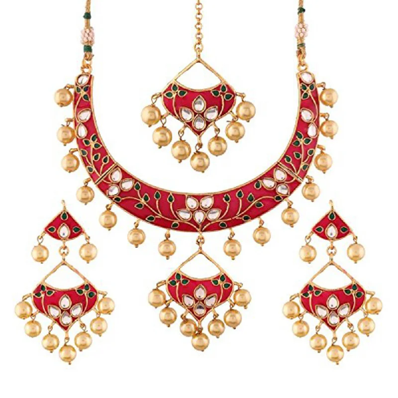 Oval stone necklaces-Etnico Gold Plated Kundan Meenakari Necklace Jewellery Set For Women (M4084)