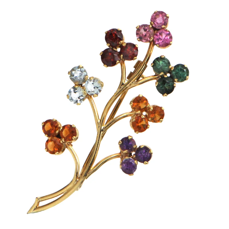 Petal design brooch-Vintage Multi-Gemstones Floral 18k Gold Branch Brooch